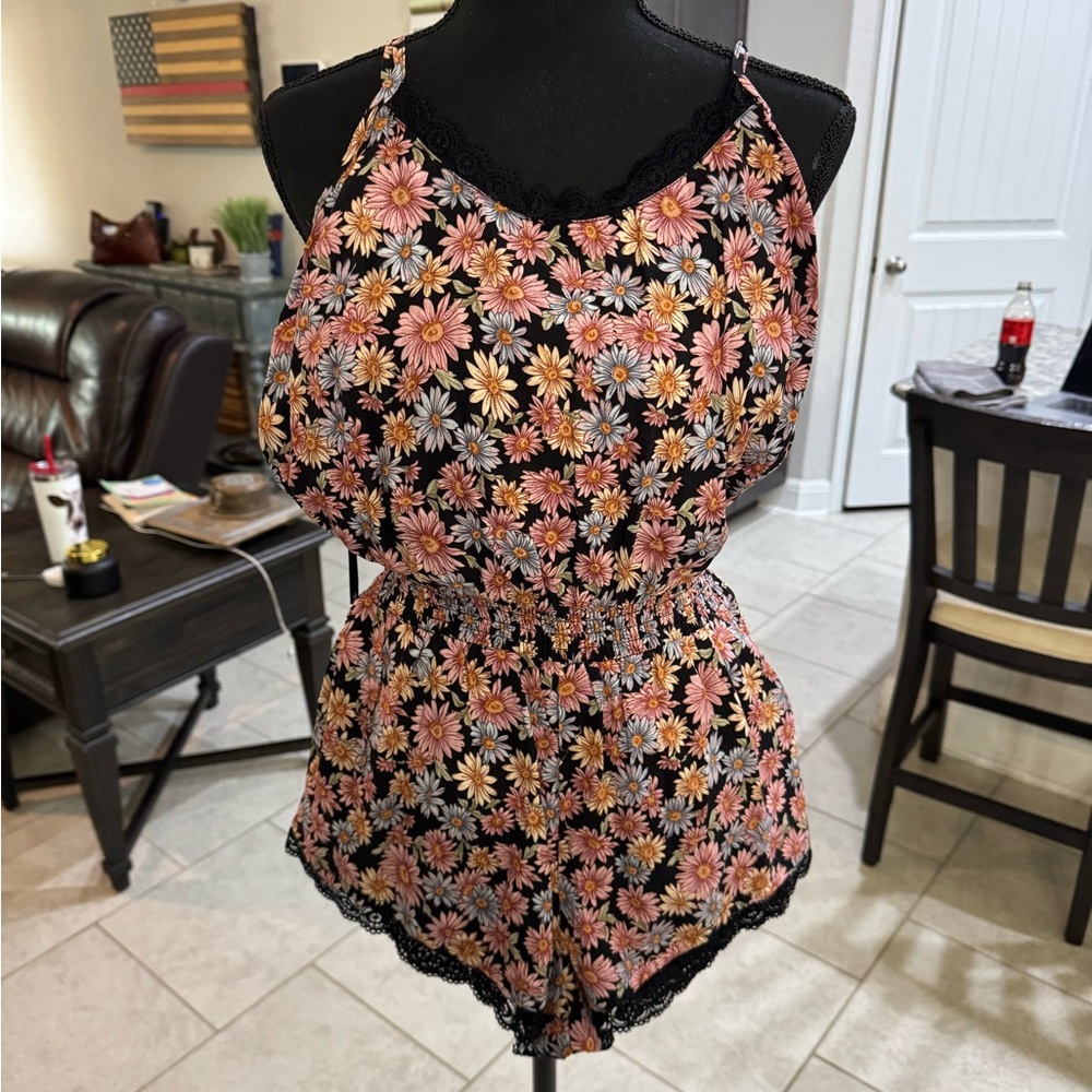 Floral Black Romper with Lace Trim